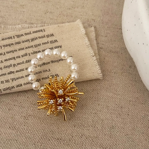 Dandelion Firework Shape Artificial Pearl Ring Beaded Alloy Rhinestone Adjustable Personalized Hand Jewelry Women Daily Fashion