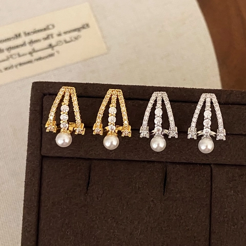 Orecchini Di Künstliche Perle Geometrici A Forma Di V Con Micro Zirconi Eleganti Gioielli In Rame Per Donna Stile Quotidiano
