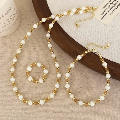 Perlmutt Bernstein Kristall Schmuck Halskette Armband Und Ring Vintage Elegant Minimalistisch Für Damen