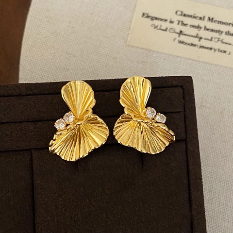 Fan Shape Stud Earrings Pleated Twisted Copper With Zircon And 925 Sterling Silver Earring Post Vintage Elegant For Women