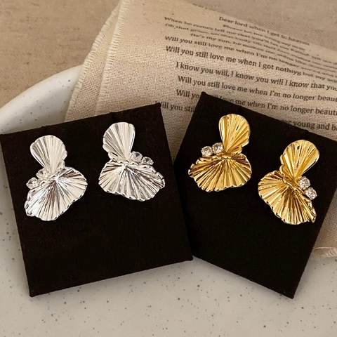 Fan Shape Stud Earrings Pleated Twisted Copper With Zircon And 925 Sterling Silver Earring Post Vintage Elegant For Women