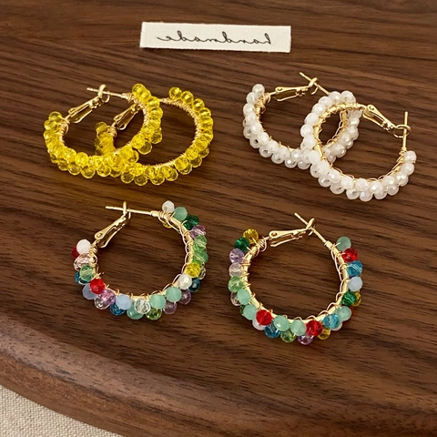 Orecchini A Cerchio Con Perline Di Cristallo Fatti A Mano Rame Placcato Oro 18K Per Donna Stile Geometrico Bohemien