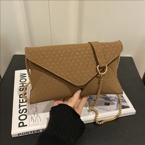 Borsa A Spalla Busta Da Donna Pelle PU Scamosciata Trama Intrecciata A V Catena Dorata Tracolla Pochette Moda Semplice