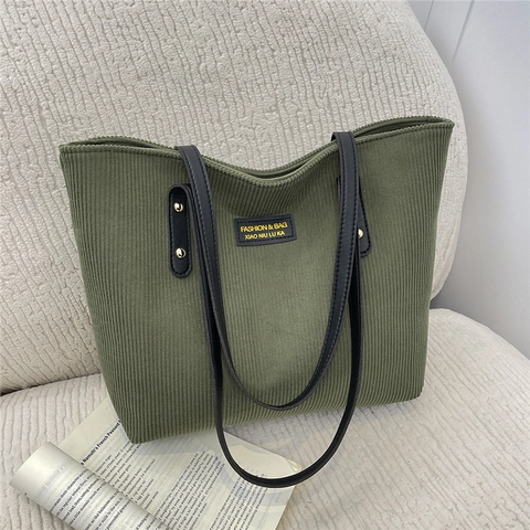 Large Capacity Corduroy Tote Bag For Women Vintage Urban Minimalist Shoulder Bag Solid Color Commuting Handbag With Rivets