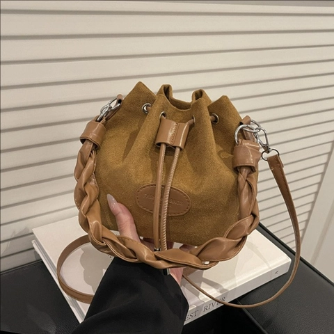 Vintage Wildleder Eimer Tasche Damen Retro Handtasche Mit Geflochtenem Griff Und Kordelzug Verstellbarem Riemen