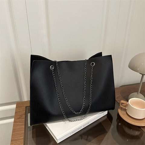 Sac Cabas Femme Minimaliste Grande Capacité Cuir PU Texture Litchi Sac à Épaule Avec Chaîne Sac à Main Navettage