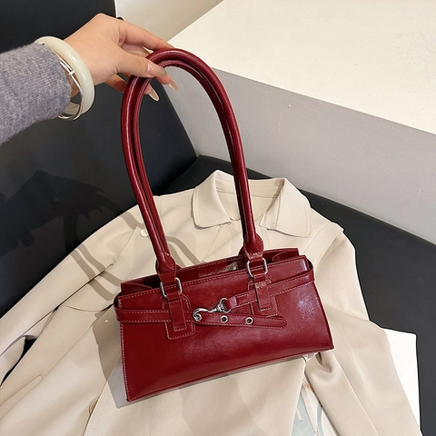 Retro Baguette Bag Women Synthetic Leather Underarm Shoulder Purse Solid Color Fashion Casual With Silver Hardware