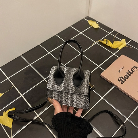Women Mini Woven Linen Patchwork Shoulder Bag PU Leather Handle Crossbody Small Square Bag Fashion Daily Messenger Handbag