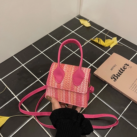 Women Mini Woven Linen Patchwork Shoulder Bag PU Leather Handle Crossbody Small Square Bag Fashion Daily Messenger Handbag