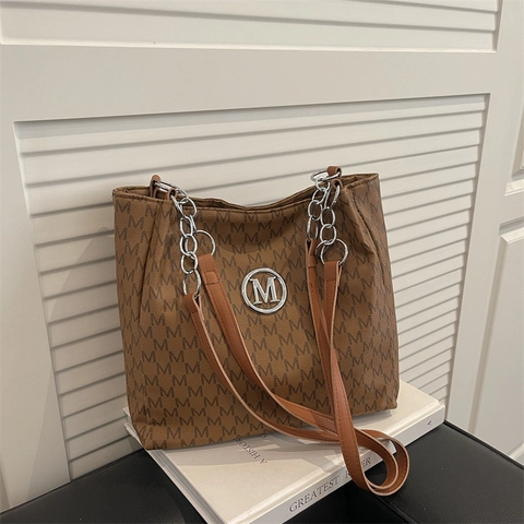Borsa Tote Da Donna Vintage Con Stampa Monogramma M Grande Capacità In Pelle Sintetica Con Catena In Metallo Chic