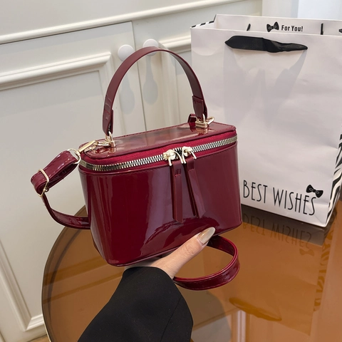 Vintage Women Patent Leather Box Bag Mini Vanity Case Shoulder Crossbody Bag With Top Handle Golden Zipper Fashion Handbag