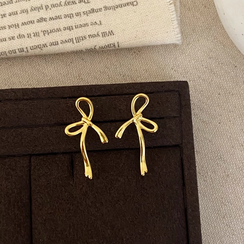 Bow Stud Earrings Copper 18K Gold Plated Ribbon Design With 925 Sterling Silver Earring Post Delicate Minimalist
