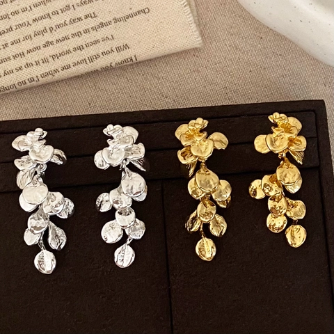 Vintage Gehammerte Blatt Ohrhänger Kupfer Mit 925 Sterling Silber Ohrsteckern Blumen Quaste Schmuck Für Damen