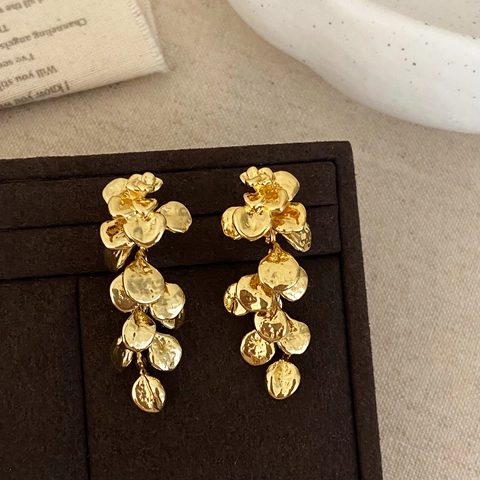 Vintage Gehammerte Blatt Ohrhänger Kupfer Mit 925 Sterling Silber Ohrsteckern Blumen Quaste Schmuck Für Damen