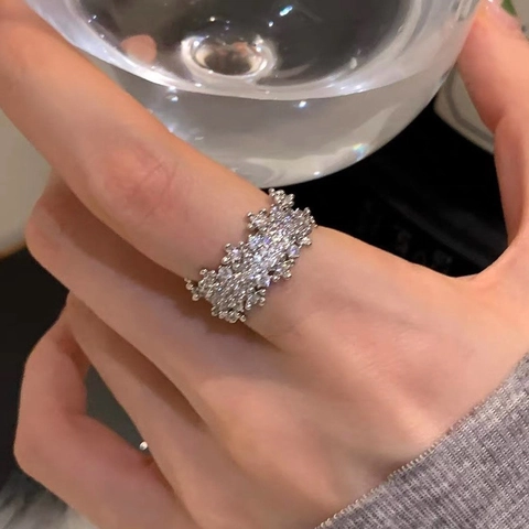 Wide Adjustable Open Ring Micro Inlaid Zircon Geometric Copper Elegant Shiny Jewelry For Women Starry Sky Design