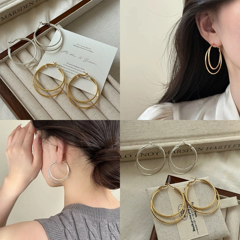 Dubbellaagse Creolen Koper Verguld Verzilverd Geometrisch Getextureerd Glad Minimalistische Sieraden Dames Elegant Hip