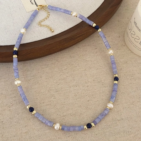 Collana Di Perline In Agata Viola E Perle D'acqua Dolce Per Donna Lapislazzuli Placcato Oro Catena Di Clavicole Regolabile