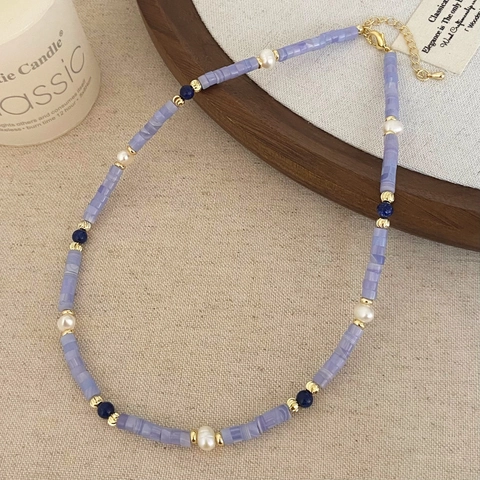 Collana Di Perline In Agata Viola E Perle D'acqua Dolce Per Donna Lapislazzuli Placcato Oro Catena Di Clavicole Regolabile