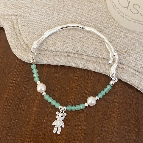Bracciale Con Perline Da Donna Lega Placcata Argento Cerchio Metallico Irregolare Con Künstliche Perle Di Cristallo Zircone Ciondolo Orso