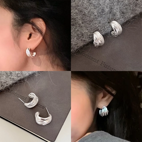Copper Multi Layer Twisted Line C Shaped Stud Earrings With 925 Sterling Silver Earring Post Elegant Jewelry For Women