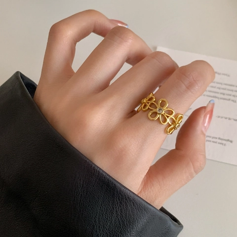 Anillo Abierto De Flor Margarita Hueca Cobre Con Circón Ajustable Floral Minimalista Joyería Para Mujeres