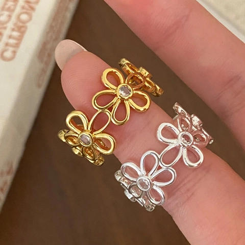 Anillo Abierto De Flor Margarita Hueca Cobre Con Circón Ajustable Floral Minimalista Joyería Para Mujeres