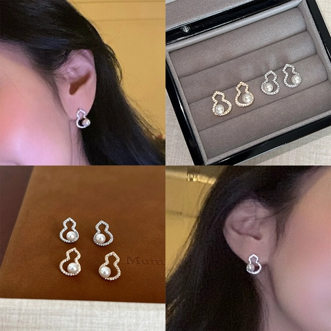Orecchini In Rame A Forma Di Zucca Con Zirconia E Perla Artificial Imitazione Lucida Perno In Argento Per Donna Elegante