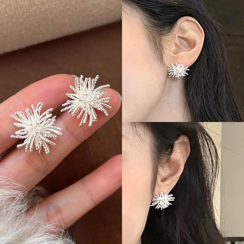 Dandelion Starburst Stud Earrings Brass Cubic Zirconia Vintage Luxury Firework Design With Silver Earring Post For Women