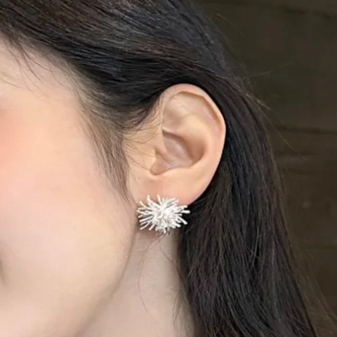 Dandelion Starburst Stud Earrings Brass Cubic Zirconia Vintage Luxury Firework Design With Silver Earring Post For Women
