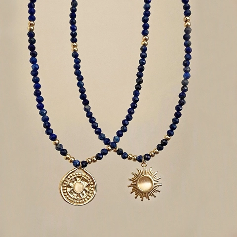 Retro Bohemian Lapis Lazuli Beaded Necklace For Women With Cat's Eye Stone Sun Pendant Gold Plated Jewelry Elegant