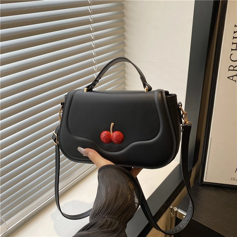 Women PU Leather Shoulder Bag With Red Cherry Decoration Elegant Casual Crossbody Square Bag Ladies Handbag Daily Use