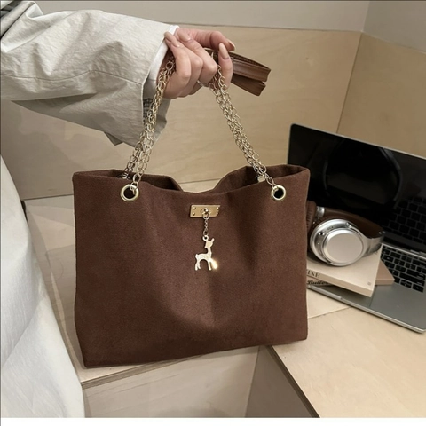 Vintage Damen Tragetasche Cord Suede Textur Mit Goldener Kette Und Hirsch Anhänger Große Kapazität Schultertasche