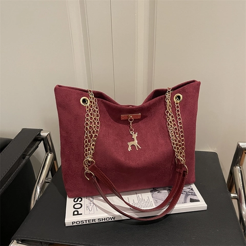 Women Shoulder Tote Bag Suede Texture Corduroy Golden Chain Strap Deer Pendant Retro Commute Large Capacity Handbag