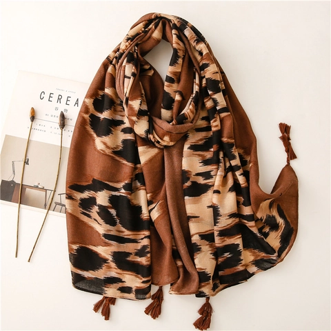 Pañuelo de Mujer Moda con Estampado de Leopardo y Cebra con Borlas Tacto de Lino Poliéster Chal Largo Protección Solar Accesorio Viaje