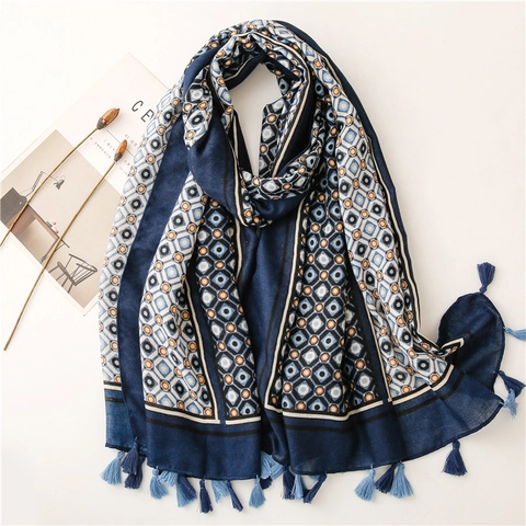 Sciarpa Lunga Da Donna Scialle Stampa Geometrica Rombi Spina Di Pesce Tocco Cotone Lino Poliestere Nappe Protezione Solare Avvolgimento