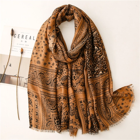 Paisley Leopard Print Scarf Shawl Cotton Linen Feel Long Large Wrap With Frayed Edges For Women