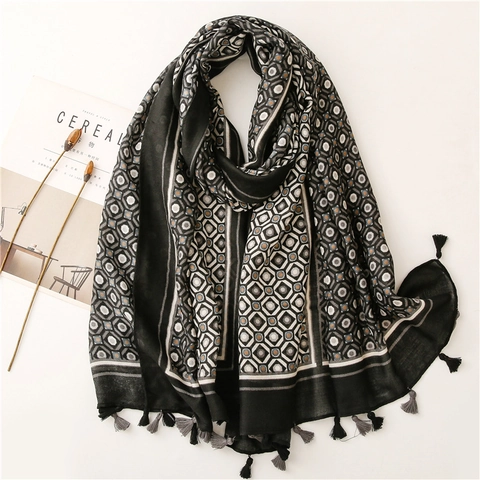 Sciarpa Lunga Da Donna Scialle Stampa Geometrica Rombi Spina Di Pesce Tocco Cotone Lino Poliestere Nappe Protezione Solare Avvolgimento