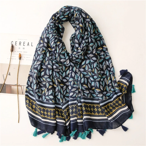 Sciarpa Lunga Scialle Moda Poliestere Cotone Lino Tatto Stampa Foglie Spina Di Pesce Nappine Protezione Solare Donne