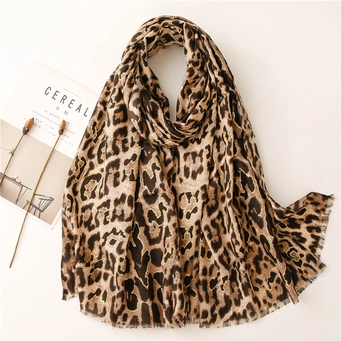 Leopard Print Scarf Shawl Polyester Cotton Linen Bronzing Golden Outline Herringbone Weave Tassels Lightweight Women
