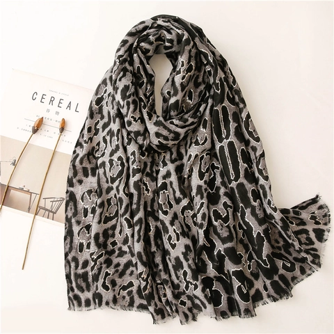 Leopard Print Scarf Shawl Polyester Cotton Linen Bronzing Golden Outline Herringbone Weave Tassels Lightweight Women