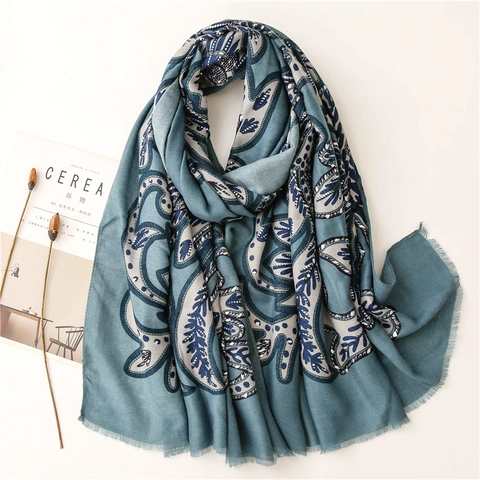 Sciarpa Lunga Scialle Donna Effetto Cotone Lino Trama Spina Di Pesce Stampa Dorata Paisley Floreale Vintage Etnico