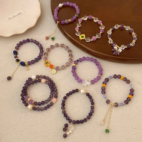 Amethyst Beaded Bracelet Women Retro New Chinese Style With Freshwater Pearl Shell Flower Tassel Charm Gold Plated Alloy