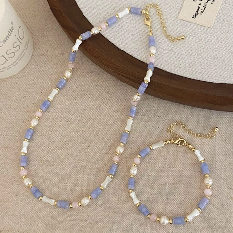 Freshwater Pearl Purple Agate Pink Quartz Beaded Necklace Bracelet Set 14K Gold Plated Sweet Minimalist Jewelry Women