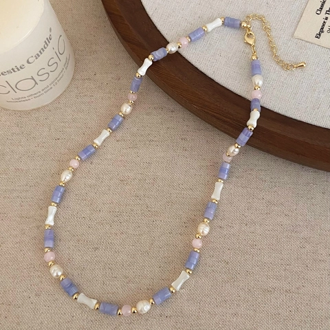 Handmade Beaded Freshwater Pearl Necklace For Women Aesthetic Natural Stone Glass Beads Bone Shape Choker Aesthetic Jewelry Gift