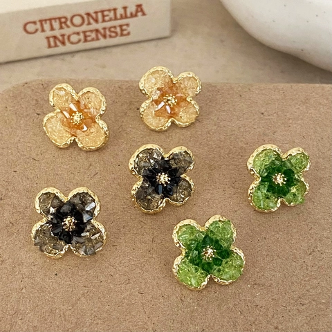 Pendientes De Botón De Flores De Cobre Chapado En Oro Con Incrustaciones De Piedra Triturada Joyería Forma Trébol Mujeres