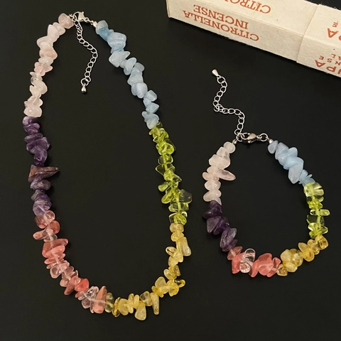 Natural Chip Stone Necklace And Bracelet Irregular Multi Color Rainbow Gemstone Copper Jewelry Women