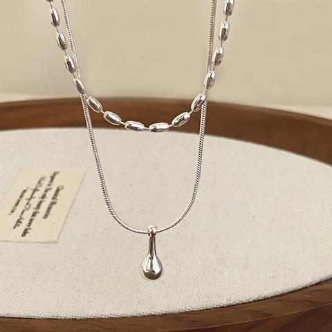Double Layer Water Drop Pendant Necklace Silver Plated Copper Snake Bone And Bead Chain Minimalist Jewelry For Women