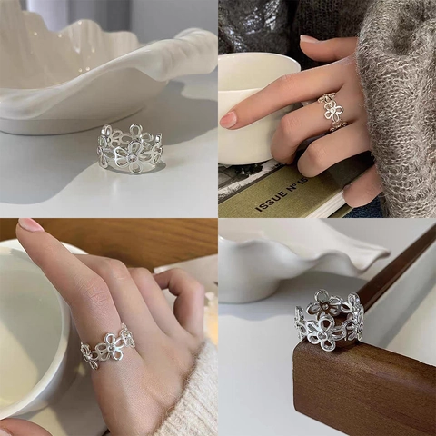 Anello Fiore Traforato Con Zirconi Intarsiati Rame Regolabile Fascia Aperta Gioielli Minimalisti Per Donne Elegante Chic