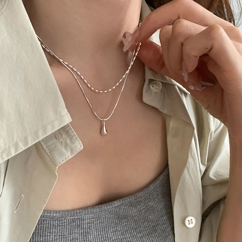 Minimalist Double Layer Water Drop Necklace Silver Plated Copper French Design Clavicle Snake Chain For Women