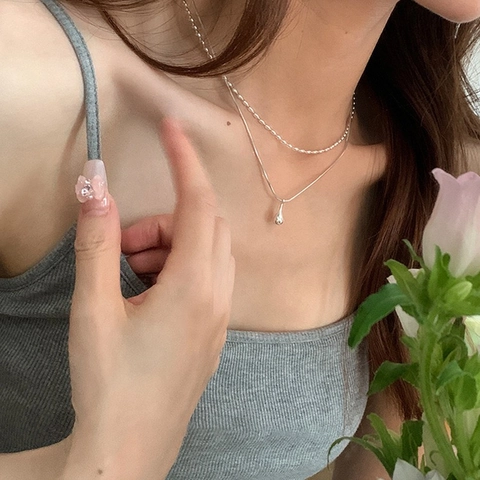 Minimalist Double Layer Water Drop Necklace Silver Plated Copper French Design Clavicle Snake Chain For Women